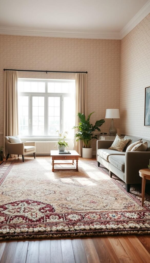 A serene, well-appointed room showcasing a harmonious blend of patterns and textures. In the foreground, a plush, patterned area rug anchors the space, its intricate design creating visual interest. Surrounding it, a mix of solid-colored and subtly textured furnishings, including a velvet sofa and a wooden coffee table with a weathered finish. The walls feature a subtle, neutral-toned wallpaper with a delicate, repeating pattern, lending depth and character to the space. Abundant natural light streams in through large windows, illuminating the room and casting a warm, inviting glow. The overall atmosphere is one of balance, comfort, and intentional design, inviting the viewer to imagine themselves inhabiting this serene, pattern-rich environment.