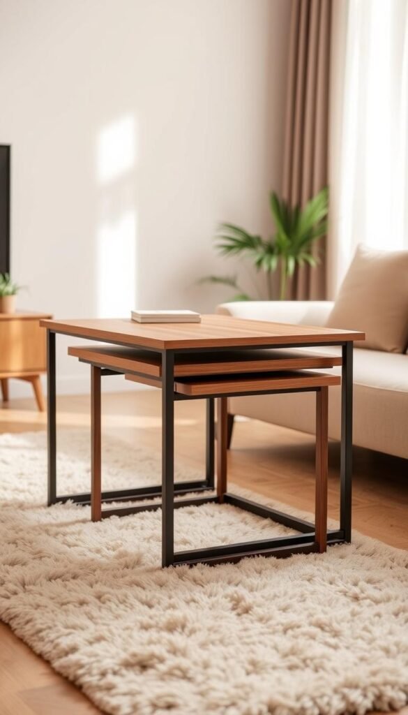 A set of sleek, contemporary nesting tables in a warm, well-lit living room. The tables feature a minimalist design with clean lines and a smooth, wooden surface in a rich, natural tone. The nested arrangement allows for efficient use of space, with the ability to easily adjust the configuration as needed. Soft, diffused lighting creates a cozy ambiance, while the tables are positioned atop a plush, neutral-colored rug that grounds the scene. The overall composition conveys a sense of modern, functional elegance, suitable for a variety of living spaces.