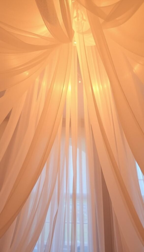A sheer, gossamer fabric canopy cascades elegantly from the ceiling, creating a soft, ethereal ambiance. Delicate, wispy folds gently billow in a gentle breeze, casting mesmerizing shadows and offering a sense of airy seclusion. The canopy is illuminated by warm, diffused lighting, lending a romantic, intimate atmosphere. The scene is captured from a low angle, emphasizing the graceful draping and hazy, dreamlike quality of the sheer fabric. An inviting, calming atmosphere is evoked, perfect for a cozy, relaxing bedroom retreat.