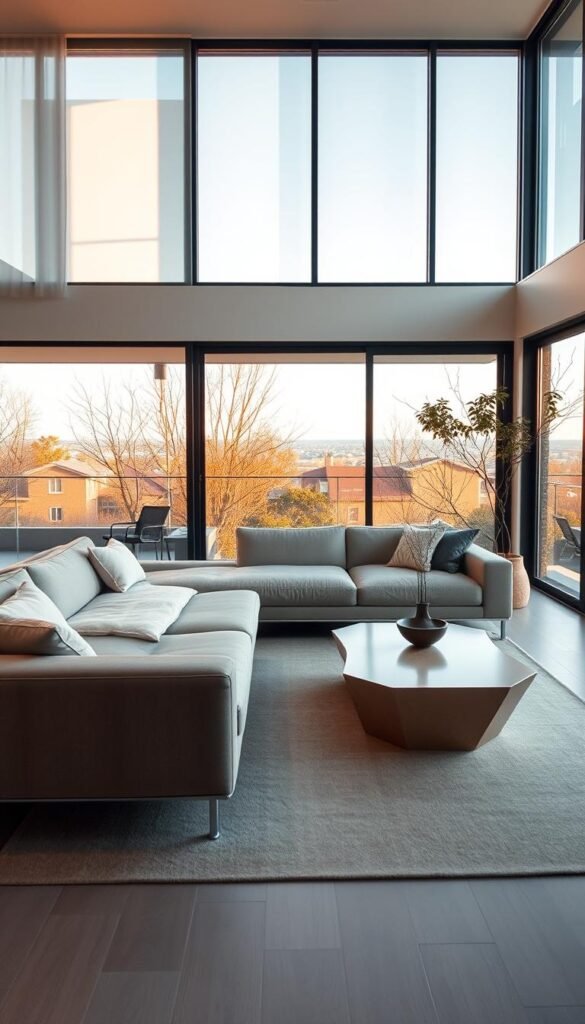 A sleek and functional minimalist living room featuring a low-profile sofa with clean lines, complemented by a matching coffee table with a minimalist geometric design. The space is bathed in warm, natural lighting, with large windows overlooking a serene outdoor scene. The overall atmosphere is one of understated elegance and tranquility, with the furniture and decor serving a clear, practical purpose without distracting from the overall aesthetic. The camera angle is slightly elevated, capturing the room's balance and harmony.