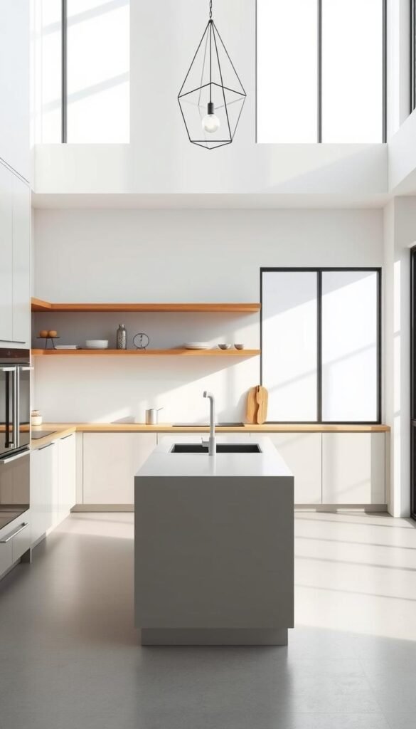 A sleek, minimalist kitchen with clean lines and a streamlined layout. The design features a seamless, handleless cabinetry in a muted, monochromatic palette, accentuated by warm wood accents on the countertops and open shelving. Abundant natural light filters in through large windows, casting a soft, diffused glow that enhances the serene, airy ambiance. Stainless steel appliances and a simple, geometric pendant light fixture add a touch of modern sophistication. The overall impression is one of understated elegance and effortless functionality, creating a harmonious and visually calming space.