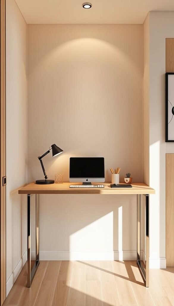 A sleek, modern convertible desk designed for compact home offices. The desk features a clean, minimalist silhouette with a smooth wooden surface that can easily transition from a work station to a dining or entertaining space. Subtle metal accents complement the overall aesthetic, while the desk's compact size allows it to seamlessly integrate into a variety of small-space layouts. Soft, directional lighting casts a warm glow, highlighting the desk's functionality and versatility. The image captures the desk from a slightly elevated perspective, showcasing its seamless integration into a cozy, well-organized home office environment.