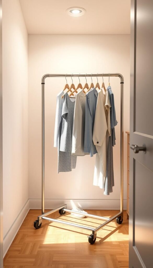 A sleek, modern rolling clothes rack stands prominently in a cozy, well-lit closet. The sturdy metal frame supports multiple hanging bars, allowing for organized storage of clothes, linens, and other household items. Soft, diffused lighting from above illuminates the closet's neutral-toned walls and hardwood flooring, creating a warm, inviting atmosphere. The rack's wheels glide smoothly, enabling easy mobility and versatile arrangement within the space. This practical, space-saving solution is the perfect addition to any small closet, offering a stylish and functional way to optimize storage.
