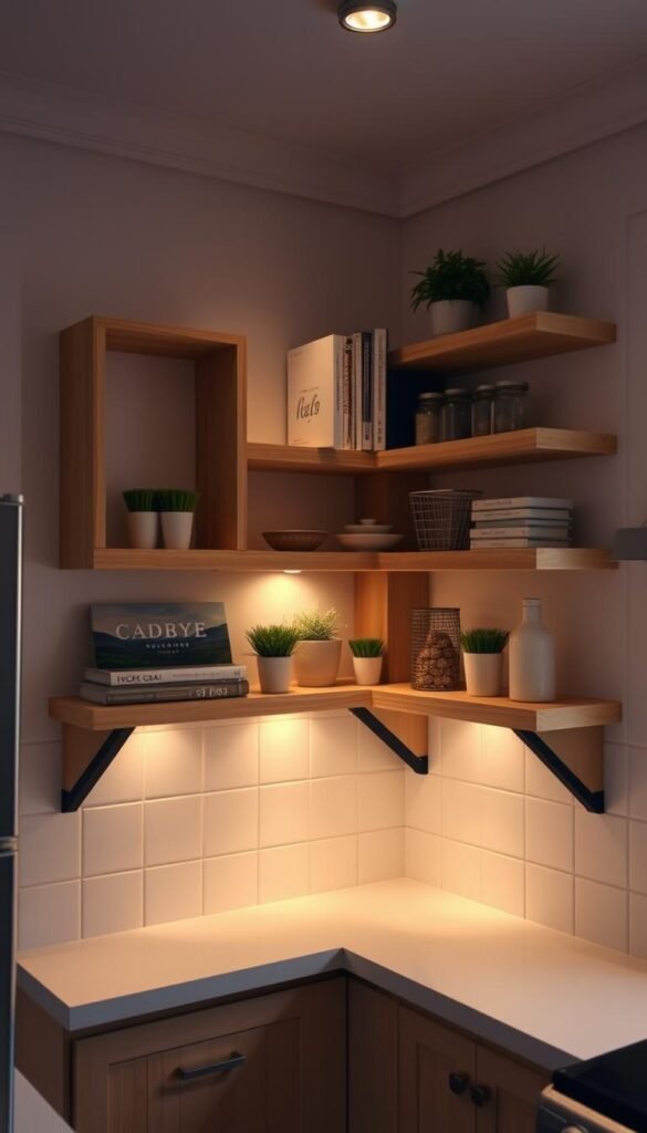 A small, cozy kitchen with a corner shelving unit. The shelves are made of natural wood, with a rustic, farmhouse-inspired design. The shelves are arranged in a simple, geometric pattern, creating a sense of order and balance. The kitchen is filled with warm, soft lighting, creating a welcoming and inviting atmosphere. The shelves are adorned with a few simple, decorative items, such as potted plants, cookbooks, and jars of dry goods, adding a touch of personality to the space. The overall vibe is one of coziness and functionality, with the corner shelving unit serving as a practical and aesthetically pleasing storage solution in a small kitchen.