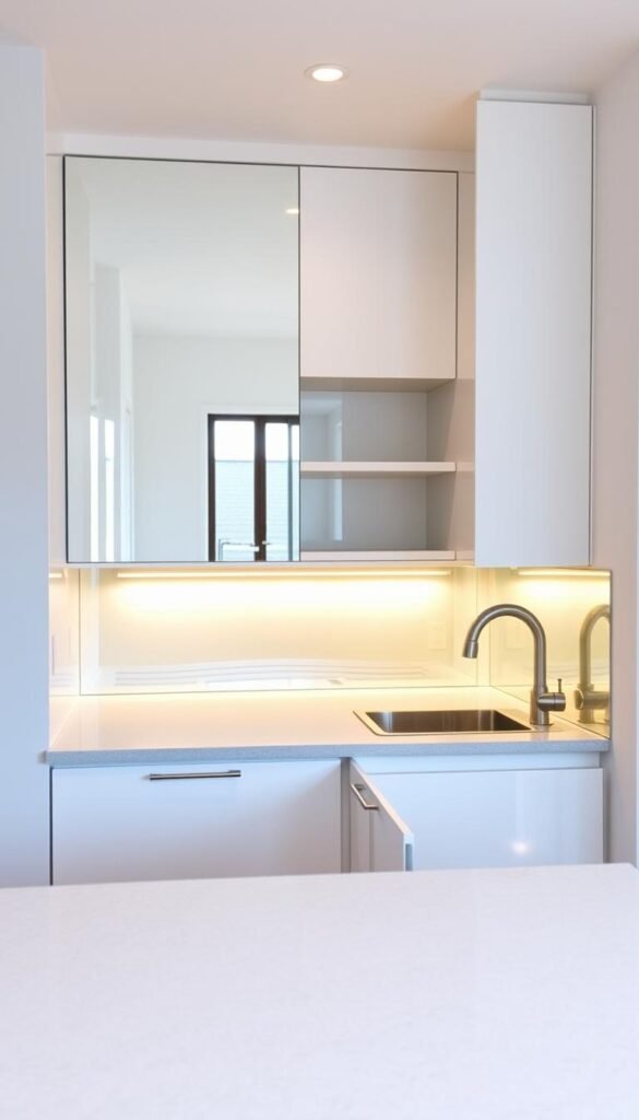 A small, cozy kitchen with a mirrored backsplash that reflects the light and creates an illusion of depth. The backsplash is made of high-quality glass panels that capture the warm, ambient lighting, casting a soft glow throughout the space. The mirrored surface reflects the minimal, white cabinetry and open shelving, making the room feel airy and expansive. The countertop is a sleek, neutral quartz, complementing the overall minimalist aesthetic. The layout is efficient, with a clean, uncluttered look that emphasizes the reflective backsplash as the focal point. The scene is captured from a slightly elevated angle, showcasing the depth and symmetry of the mirrored surface.