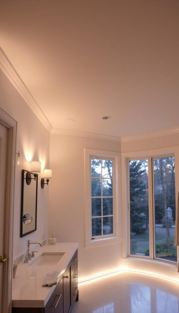 A softly lit bathroom with layered lighting techniques, creating a soothing and spa-like ambiance. Soft, diffused overhead lighting casts a gentle glow, complemented by subtle wall sconces that illuminate the vanity area. Dimmable recessed lighting in the ceiling provides adjustable illumination, allowing for a customizable mood. Strategically placed LED strip lighting under the vanity and along the baseboards adds depth and a warm, inviting atmosphere. Large windows allow natural daylight to filter in, blending seamlessly with the artificial lighting. The overall effect is a harmonious balance of light, evoking a sense of tranquility and relaxation.