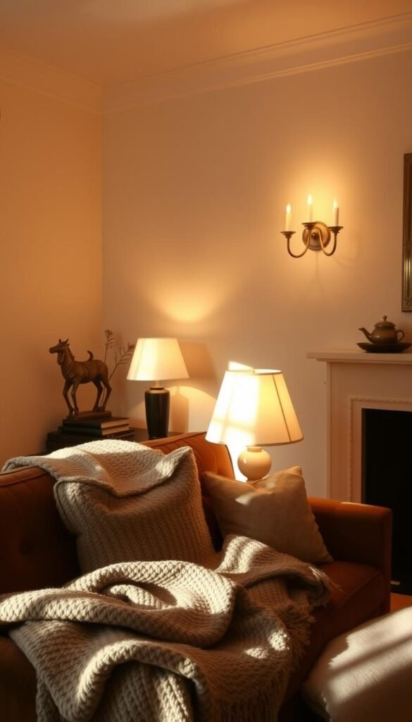 A softly lit living room with a warm, cozy atmosphere. The room is bathed in a gentle, diffused light, creating a serene and inviting ambiance. Plush textiles, like a velvet sofa and knitted throws, add depth and texture to the space. Strategically placed lamps and sconces emit a soft, golden glow, casting a calming radiance throughout the room. The lighting is subtle yet impactful, drawing the eye to the room's inviting features and highlighting the tactile elements. The overall effect is a harmonious blend of comfort and elegance, perfectly capturing the essence of a cozy, well-lit living space.