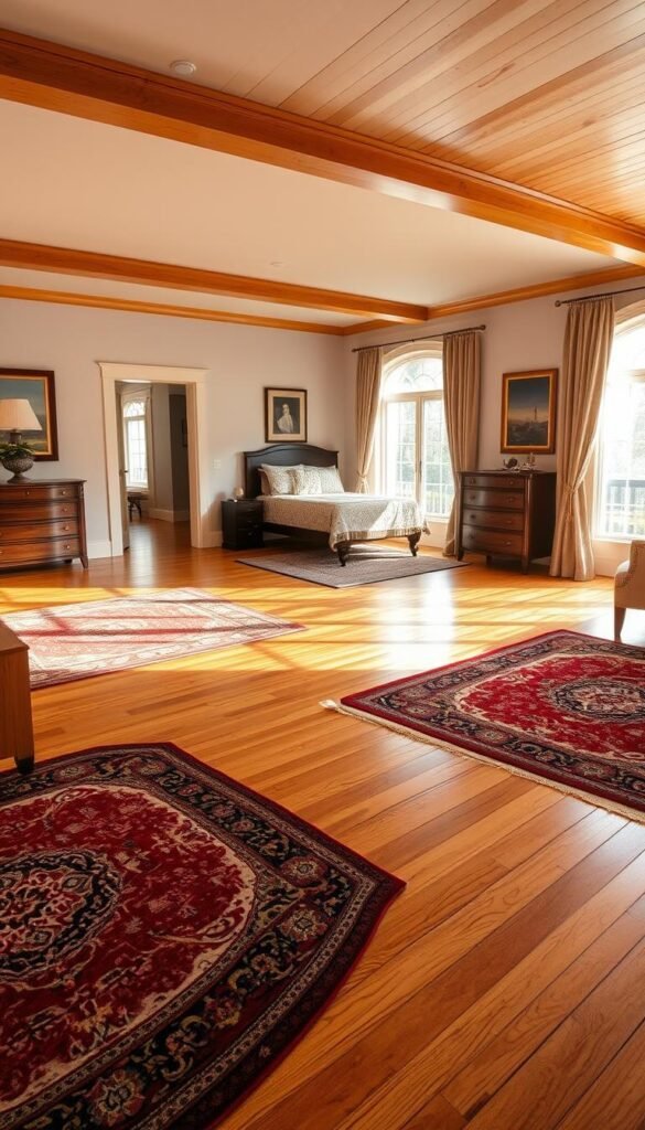 A spacious traditional bedroom interior, showcasing a beautifully crafted hardwood floor. The warm, honey-toned wood planks stretch across the room, their intricate grain patterns casting subtle shadows under soft, diffused lighting. Ornate area rugs in rich, earthy tones anchor the space, complementing the classic furniture pieces. The floor exudes a sense of timeless elegance, seamlessly blending traditional design elements with a cozy, inviting atmosphere. A large window floods the room with natural light, casting a gentle glow across the polished wood surface. This traditional bedroom flooring sets the stage for a serene and sophisticated retreat.