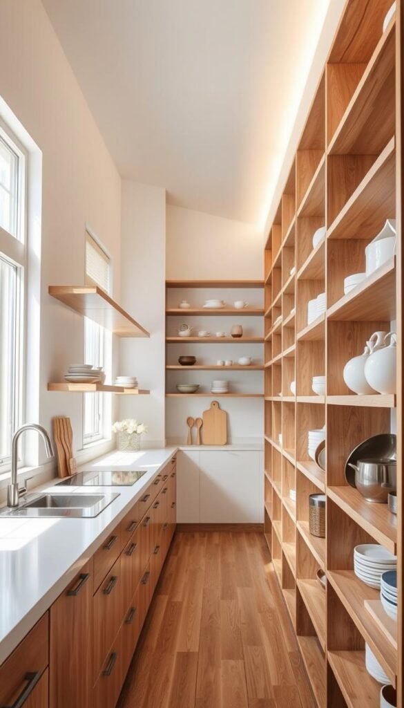 A spacious, well-lit kitchen with floor-to-ceiling shelving units lining the walls. The shelves are made of sleek, natural wood, creating a warm, rustic ambiance. Bright, indirect lighting floods the space, casting a soft glow on the neatly organized cooking essentials and decorative accents adorning the shelves. The shelves extend from the countertop to the ceiling, maximizing the vertical space and making the small kitchen feel open and airy. The angle showcases the depth and height of the shelving, emphasizing how it efficiently utilizes the available space. The overall composition conveys a sense of order, functionality, and a touch of minimalist elegance.