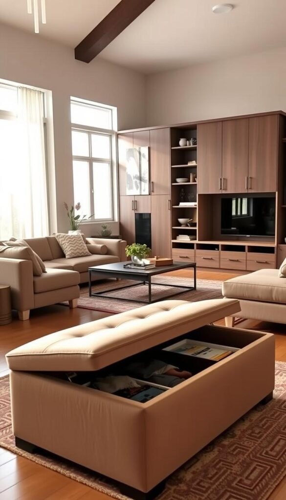 A spacious, well-lit living room features a versatile storage ottoman in the foreground. The ottoman's plush top doubles as a comfortable footrest or extra seating, while its interior compartment neatly conceals clutter and household items. In the middle ground, a sleek coffee table with built-in drawers provides additional surface space and hidden storage. The background showcases a modular wall unit with adjustable shelves, cabinets, and cubbies, optimizing every inch of the room for a clutter-free, organized look. Warm, natural lighting filters through large windows, creating a cozy, inviting atmosphere.