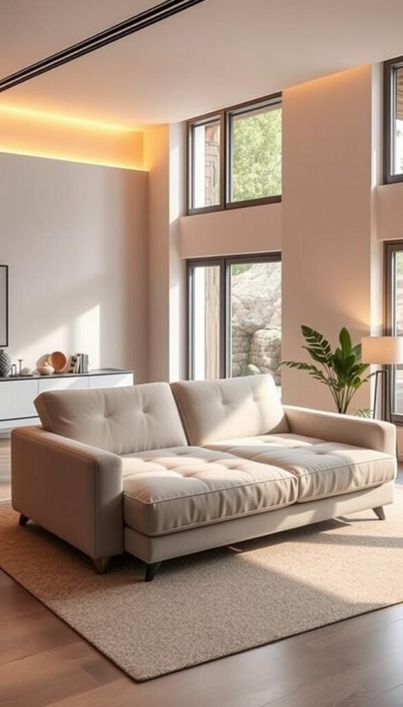 A spacious, well-lit modern sofa bed taking center stage in a minimalist living room. The sofa features clean lines, plush upholstery, and seamless convertible mechanisms. It effortlessly transitions from a comfortable daytime seating area to a cozy sleeping solution, showcasing its versatility. Warm, indirect lighting bathes the scene, creating a serene, inviting atmosphere. Large windows in the background allow natural light to flood the space, complementing the modern design aesthetic. Subtle accent pieces and greenery add pops of color, while the overall composition emphasizes the sofa bed's dual-purpose functionality and space-saving potential.