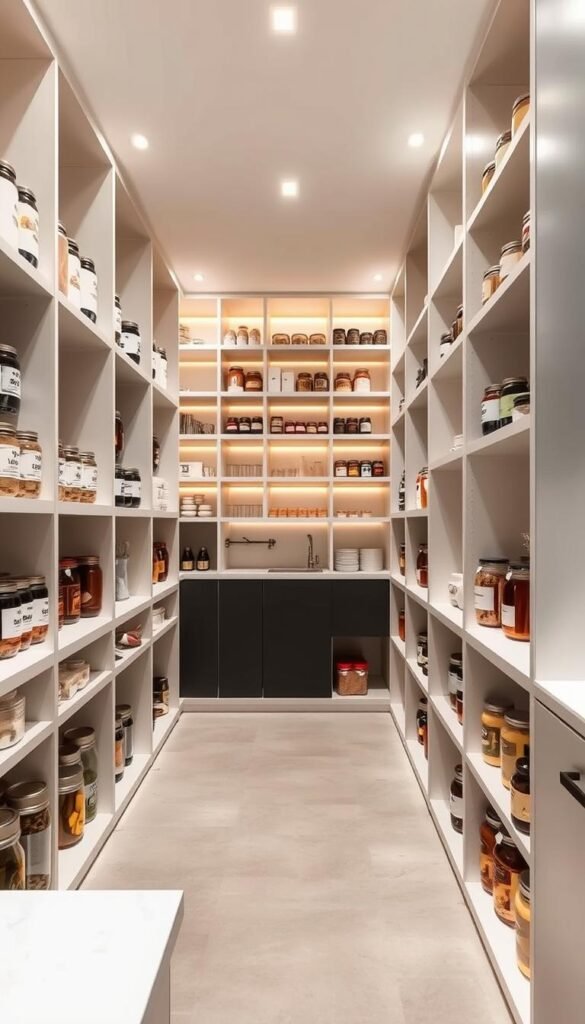 A spacious, well-organized pantry with sleek, floor-to-ceiling vertical storage units. The shelves are neatly arranged, holding a variety of labeled jars, cans, and dry goods. Soft, warm lighting from recessed fixtures illuminates the space, creating a cozy and inviting atmosphere. The layout is designed for maximum efficiency, with easy access to all items. The overall aesthetic is modern and minimalist, with clean lines and a monochromatic color scheme that complements the kitchen's design. The camera angle captures the full height of the storage, emphasizing how this vertical approach optimizes the available space.