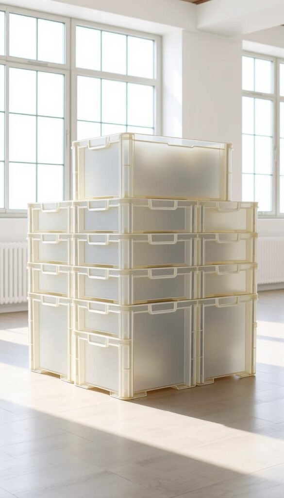 A stack of sleek, translucent Redi-Box plastic moving crates in a well-lit, spacious room. The crates are arranged in a visually pleasing, symmetrical pattern, showcasing their efficient, space-saving design. Soft, natural lighting from large windows highlights the crates' durable, shatterproof construction and the subtle texture of the plastic material. The crates are positioned on a clean, minimalist wooden floor, creating a sense of order and organization. The overall atmosphere is one of modern, eco-friendly storage solutions that maximize space and minimize clutter.