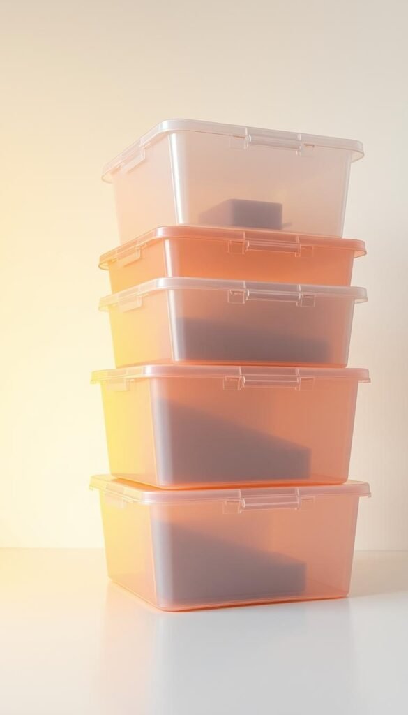 A stack of sturdy, translucent U-Haul plastic moving boxes sits on a clean, minimalist surface. The boxes are meticulously arranged, their uniform shapes and sizes creating a visually appealing, organized display. Warm, diffused lighting from the side emphasizes the boxes' transparency, allowing a glimpse of their contents. The scene exudes a sense of efficiency and eco-friendly practicality, perfectly capturing the essence of "Sustainable and Stackable" storage solutions. The camera angle provides a slightly elevated perspective, highlighting the boxes' compact, modular design and the potential for maximizing limited space.