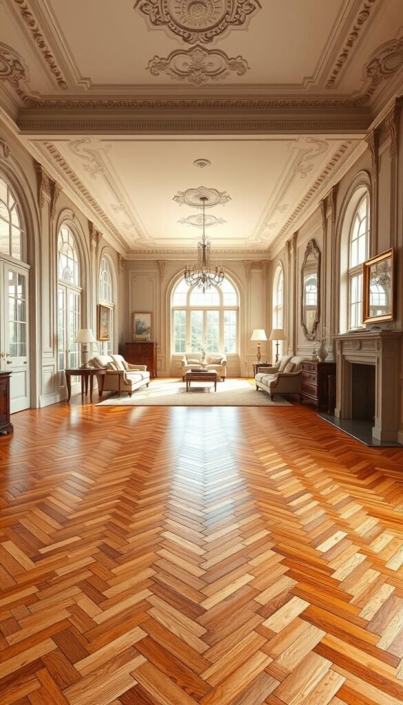 A stunning hardwood floor in a classic herringbone pattern, laid in a timeless, elegant interior. Warm, golden-toned oak planks arranged in a precise, chevron-like design, accentuating the high ceilings and large windows that flood the room with soft, natural light. Plush, neutral-colored area rugs complement the wood tones, while ornate crown molding and classic furniture pieces evoke a sense of refined sophistication. The overall atmosphere is one of timeless beauty, where architectural details elevate the space into a serene, harmonious haven.
