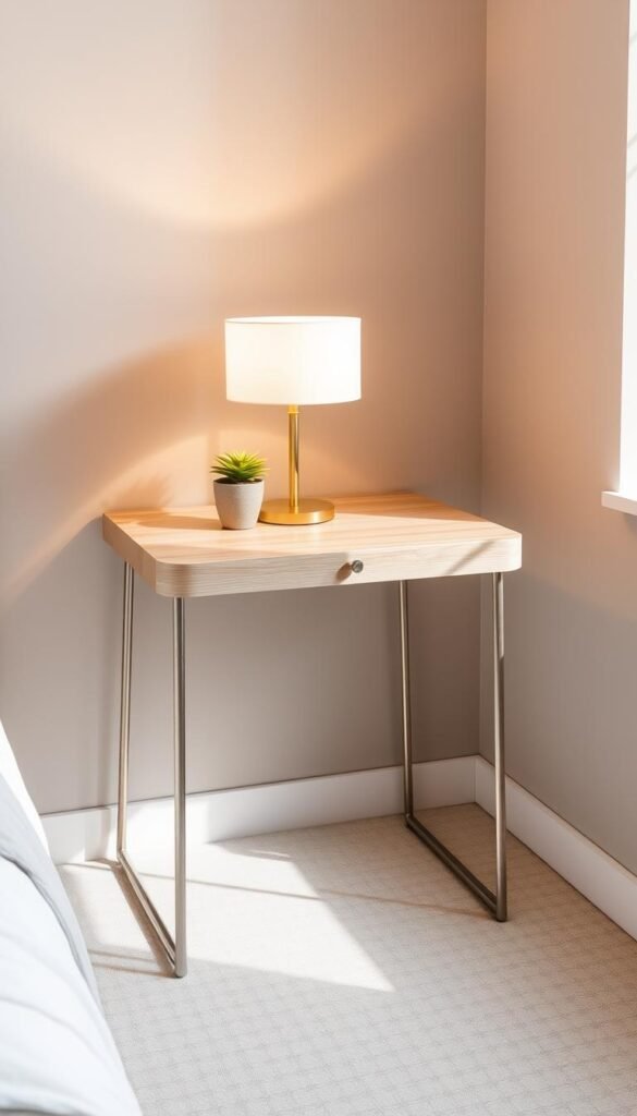 A stylish bedside table with a modern, minimalist design. The table has a sleek, rectangular top made of light-colored wood, supported by thin, metallic legs. On the table, a small potted plant and a table lamp with a white, drum-shaped shade create a warm, cozy ambiance. The table is placed against a muted, neutral-toned wall, allowing the design of the piece to take center stage. Soft, diffused lighting from a nearby window casts gentle shadows, emphasizing the clean lines and simple elegance of the bedside table. The overall mood is one of understated sophistication, perfect for a small space in need of functional, yet visually appealing, furniture.