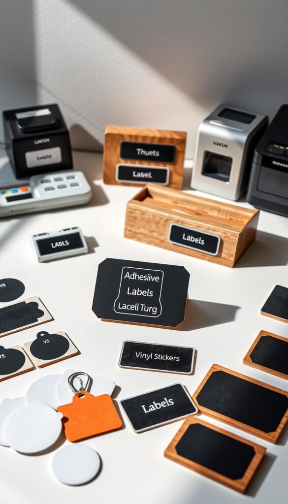 A stylish still life showcasing five distinct types of workspace labels. In the foreground, a selection of adhesive tags, vinyl stickers, and chalkboard labels in a variety of shapes and colors. In the middle ground, a set of wooden desk organizers with laser-etched label plates. In the background, an assortment of customizable label makers, label printers, and metallic label plates arranged on a clean, minimalist desk. Gentle directional lighting casts soft shadows, highlighting the textures and materials. The overall scene conveys a sense of order, efficiency, and a thoughtful approach to workspace organization.