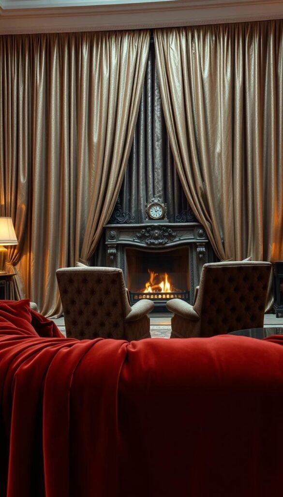A sumptuous living room bathed in soft, warm lighting, with luxurious fabrics draped elegantly across plush sofas and armchairs. The foreground features a rich, velvet couch in a deep, jewel-toned hue, its folds cascading gracefully. In the middle ground, a pair of high-backed chairs are upholstered in a lustrous, textured silk, their tufted backs adding an air of sophistication. The background showcases a grand, ornate fireplace, its mantel adorned with lush, flowing curtains in a shimmering, metallic fabric that catches the gentle glow of the flames. The overall scene exudes a sense of timeless opulence and refined elegance.