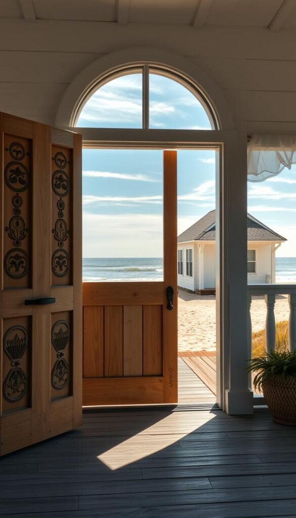 A sun-dappled Dutch door with a coastal-inspired design. The foreground features a wooden door with intricate carved patterns, evoking the natural beauty of seaside motifs. The middle ground showcases a quaint, whitewashed farmhouse with a wraparound porch, the door nestled within a charming entryway. The background depicts a serene ocean vista, with gentle waves lapping at a sandy beach and a clear sky dotted with wispy clouds. The lighting is soft and warm, creating a welcoming and inviting atmosphere. Captured at a medium-wide angle, the composition highlights the harmonious blend of rustic and coastal elements, perfectly setting the stage for a cozy farmhouse entryway.