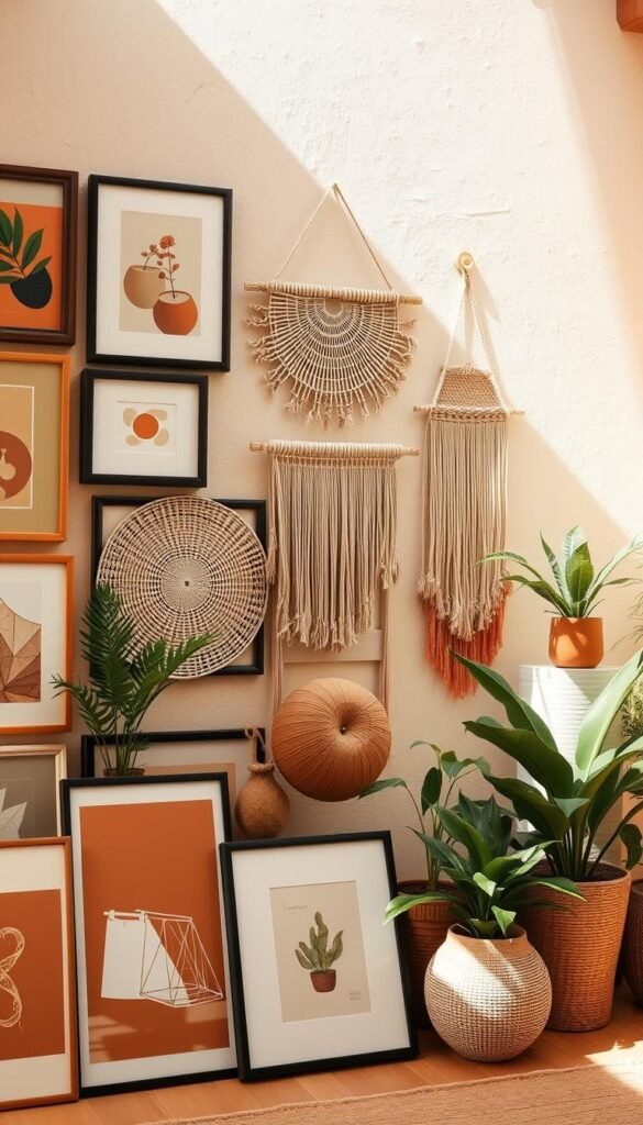 A sun-drenched gallery wall with a harmonious boho color palette. In the foreground, an assortment of framed artworks in earthy tones of ochre, terracotta, and sage green. The middle ground features a mix of woven wall hangings, macrame accents, and potted plants in warm neutrals. In the background, a textured plaster wall in a soft, muted beige acts as a soothing backdrop, creating a sense of depth and balance. Subtle natural light filters in, casting a gentle glow and highlighting the organic textures. The overall atmosphere exudes a relaxed, bohemian elegance, inviting the viewer to immerse themselves in a cohesive, visually appealing gallery display.