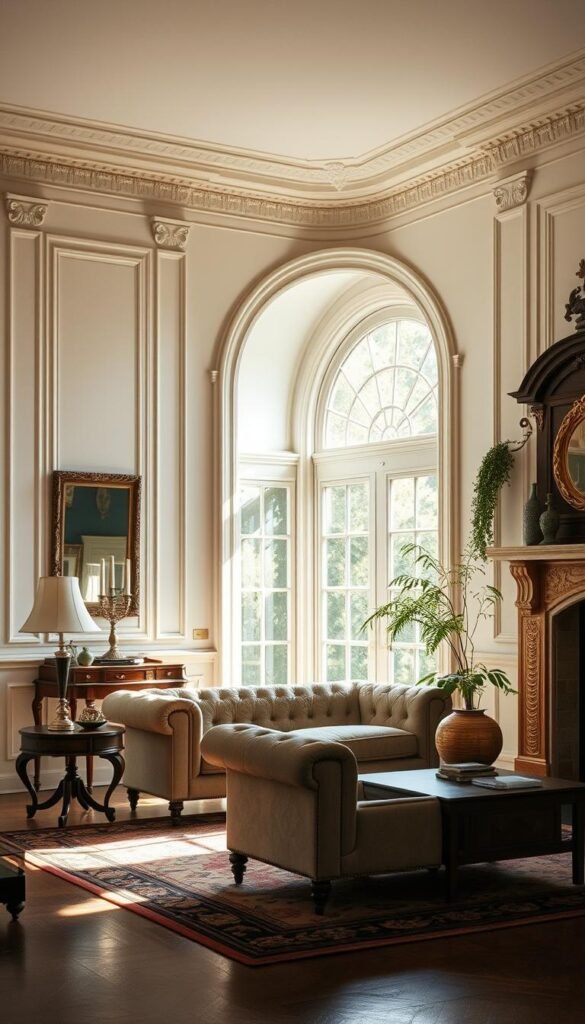 A sunlit, classical living room with elegant, timeless design elements. Ornate moldings line the walls, casting soft shadows. A grand, tufted chesterfield sofa sits atop a Persian rug, flanked by antique end tables with turned legs. A large, arched window floods the space with natural light, illuminating the room's refined, understated beauty. Nearby, a carved, wooden mantelpiece frames a crackling fireplace, radiating a cozy, inviting ambiance. Subtle, sophisticated accents like candlesticks, gilded mirrors, and lush greenery complete the serene, ageless tableau.