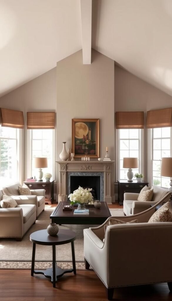 A sunlit living room with timeless color schemes, showcasing a harmonious blend of classic neutrals and warm accents. The foreground features a plush, neutral-toned sofa and armchairs arranged around a wooden coffee table. In the middle ground, a striking fireplace mantel is adorned with tasteful decor, reflecting the room's sophisticated aesthetic. The background reveals large windows that flood the space with natural light, illuminating the rich textures and hues of the room's textiles and artwork. The overall atmosphere exudes a sense of timeless elegance and refined comfort.