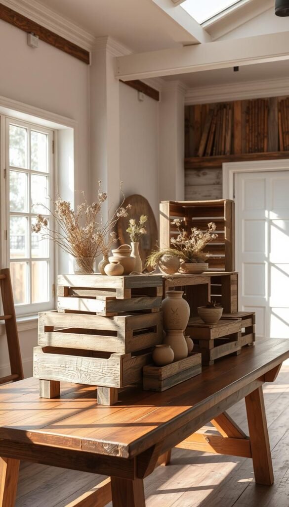 A sunlit studio with a wooden table displaying an artful arrangement of reclaimed wooden crates in various sizes and finishes. The crates are styled with natural elements such as dried flowers, greenery, and earthy ceramics, creating a cohesive, rustic-chic aesthetic. Soft, directional lighting from large windows casts warm shadows, highlighting the textural details of the weathered wood. The composition is balanced, with the crates positioned at different angles to add visual interest. The overall mood is cozy, inviting, and showcases the beauty of repurposed, salvaged materials.