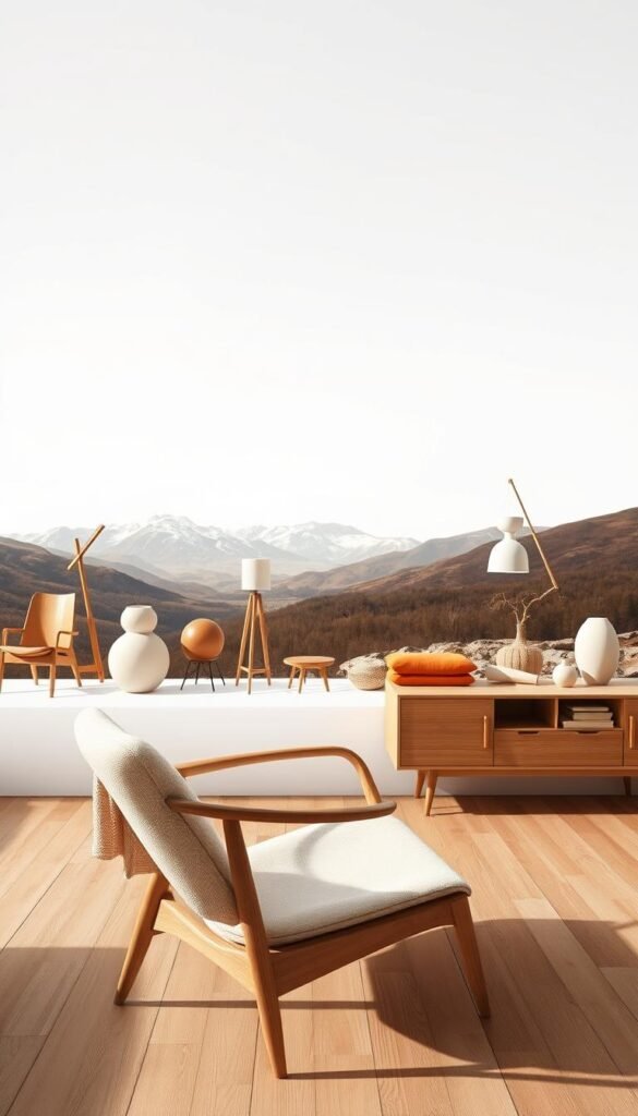 A sweeping panorama of the evolution of Scandinavian design, showcasing the timeless elegance of light wood, clean lines, and minimalist forms. In the foreground, a mid-century armchair with soft, curved lines and a sleek wooden frame; in the middle ground, a series of iconic lamps and furniture pieces, their simple yet striking silhouettes casting warm, natural light across the scene; and in the background, a serene, Nordic landscape of rolling hills, snow-capped peaks, and a crisp, azure sky, serving as a serene backdrop to this visual chronicle of Scandinavian minimalism's enduring influence.