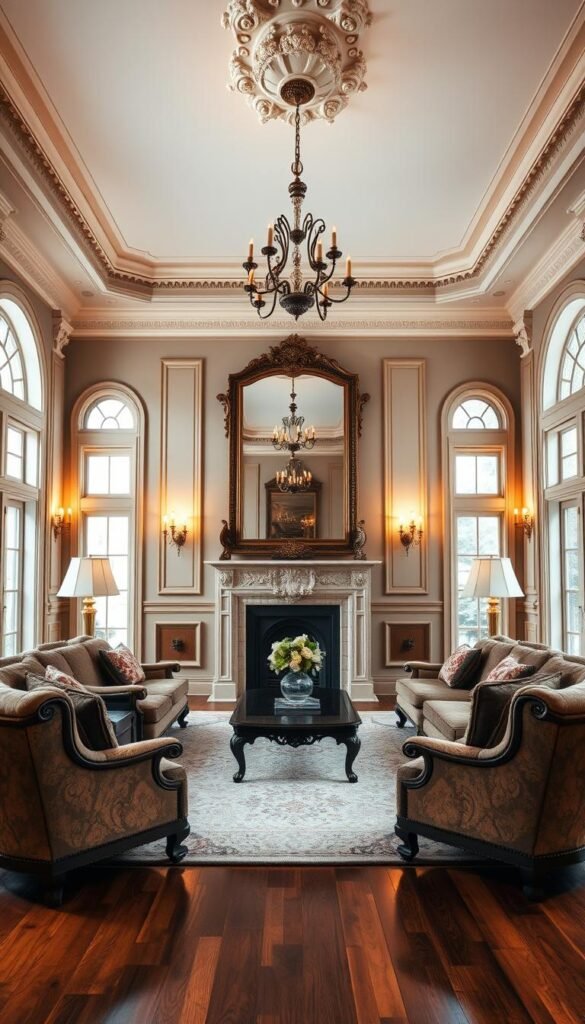 A symmetrically balanced living room with a timeless, classic aesthetic. The space features ornate, carved wooden furniture, plush upholstery in rich, muted tones, and an elegant, oversized mirror above the fireplace that reflects the room's symmetry. Ornate moldings and archways frame the space, creating a sense of grandeur. Warm, ambient lighting from sconces and a central chandelier illuminates the room, casting a soft glow. The hardwood floors are covered by a luxurious, patterned area rug. Large windows on either side allow natural light to flood the room, emphasizing the symmetry. An air of sophistication and refinement permeates the space, evoking a sense of traditional elegance.