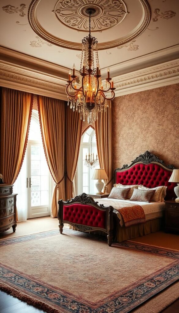 A timeless and elegant traditional bedroom design, featuring a plush, tufted headboard in a rich, burgundy hue. Soft, flowing curtains in a delicate floral pattern frame the large, arched window, allowing warm, natural light to spill into the space. Antique, wood-carved furniture, including a dresser and nightstands, creates a sense of timeless sophistication. The room is illuminated by a grand, crystal chandelier, casting a warm, ambient glow. Luxurious, woven area rugs in muted tones anchor the space, complementing the ornate crown molding and intricate, patterned wallpaper. This traditional retreat exudes an atmosphere of comfort, refinement, and a touch of vintage charm.