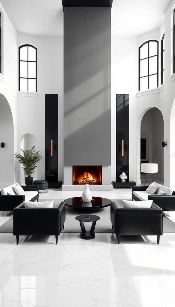 A timeless black and white interior with elegant simplicity. An expansive, open-concept living space, flooded with natural light from large windows. The floor is covered in pristine white marble, reflecting the warm glow of a crackling fireplace in the center. Mid-century modern furniture in sleek ebony and ivory tones, arranged in a harmonious layout. Minimalist decor accents, such as a marble vase and sculptural lighting, accentuate the serene ambiance. Tall, arched doorways lead to adjacent rooms, hinting at the home's broader architectural magnificence. This classic, sophisticated scene evokes a sense of enduring sophistication and timeless appeal.