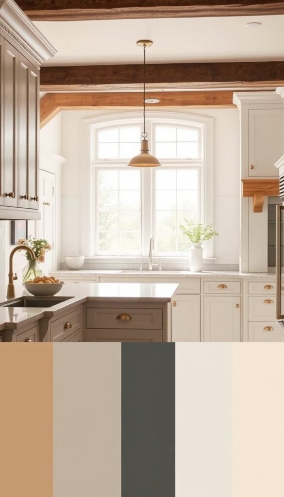 A timeless kitchen color palette featuring a harmonious blend of warm whites, soft grays, and muted natural tones. The foreground showcases an elegant farmhouse-style kitchen with shaker-style cabinets, stone countertops, and brass hardware. In the middle ground, natural light streams through large windows, casting a gentle glow on the space. The background features a mix of classic architectural elements, such as exposed beams and tile floors, creating a sense of timeless sophistication. The overall mood is one of tranquility, comfort, and enduring style, perfect for a modern take on classic kitchen decor.