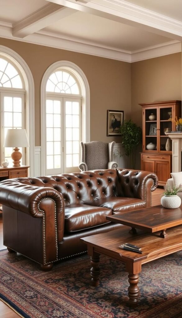 A timeless living room showcasing classic anchor furniture pieces. In the foreground, a weathered leather Chesterfield sofa with deep tufting and nailhead trim sits atop a vintage Persian rug. Nearby, a solid oak coffee table with a rustic, lived-in finish grounds the space. In the middle ground, a high-backed wingback chair in a muted herringbone pattern provides additional seating. Natural light streams in through large, arched windows, casting a warm, golden glow across the room. The overall atmosphere is one of refined sophistication and enduring style.