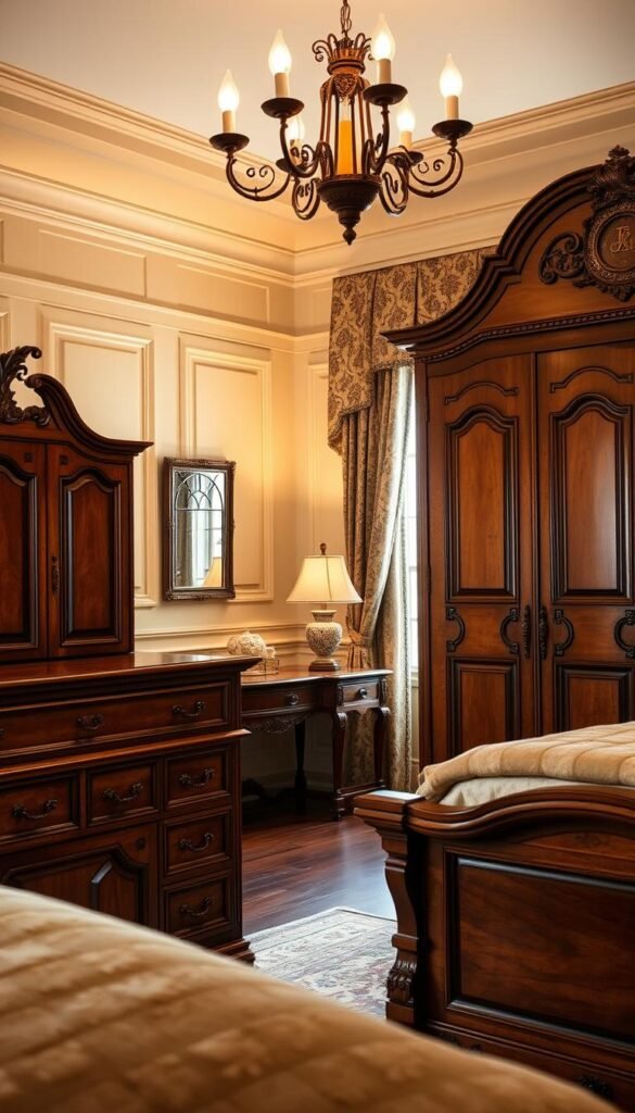 A traditional bedroom with elegant, solid wood furniture. In the foreground, a large, ornately carved wooden dresser with intricate detailing on the drawers and cabinets. Beside it, a matching armoire with a subtle, aged patina. In the middle ground, a wooden nightstand with a delicate lamp and a decorative vase. The background features high-ceilinged walls with wainscoting, warm lighting from a chandelier casting a cozy glow, and plush, patterned curtains framing a window. The overall scene evokes a sense of timeless, refined comfort.