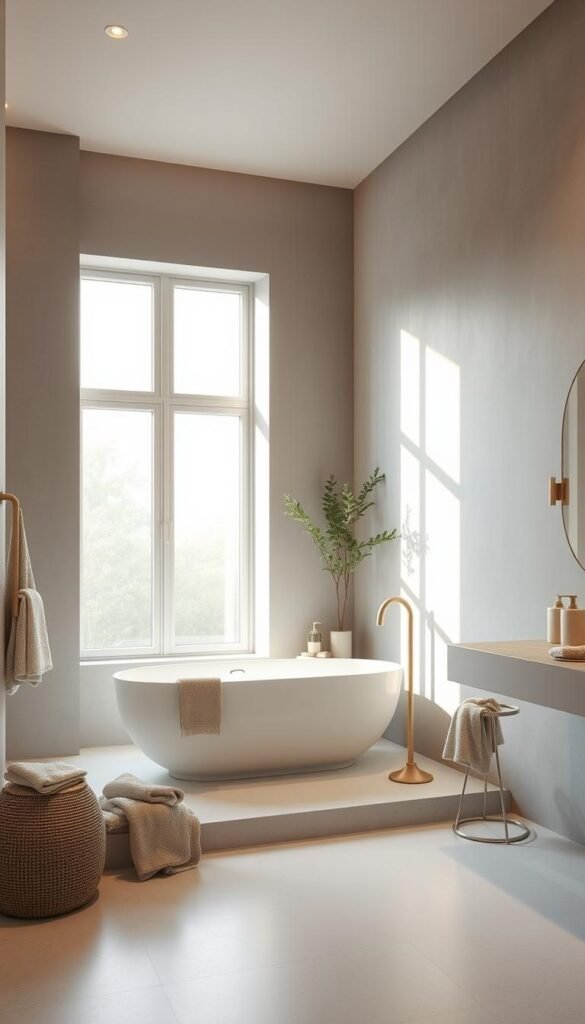 A tranquil bathroom interior with a soothing color palette of soft greys, calming blues, and spa-inspired neutral tones. The space is bathed in warm, diffused lighting, creating a serene and relaxing atmosphere. The focal point is a freestanding bathtub positioned near a large window, allowing natural light to pour in. The walls are finished in a muted, textured material, complemented by sleek, minimalist fixtures and accents. Plush towels, a potted plant, and other natural elements add to the calming, spa-like ambiance. The overall composition exudes a sense of balance, simplicity, and harmony, perfectly suited for a calming, minimalist bathroom design.