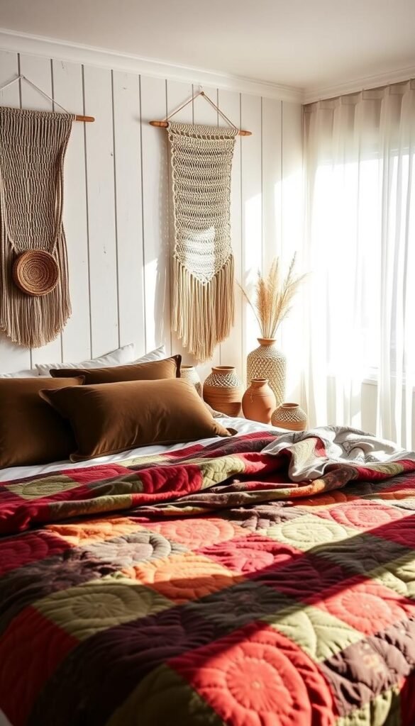 A tranquil boho-inspired bedroom, bathed in soft, natural light. In the foreground, an inviting bed adorned with a vibrant patchwork quilt in a tapestry of jewel-toned hues - rich reds, deep greens, and shimmering golds. Layered textiles including plush velvet pillows and a soft, woven throw blanket add depth and texture. In the middle ground, a macrame wall hanging casts intricate shadows, complemented by woven baskets and terracotta pottery. The background features whitewashed wood paneling, with sheer curtains gently billowing in the breeze, creating a serene, calming atmosphere. The overall scene evokes a sense of warmth, comfort, and an effortless, earthy elegance.