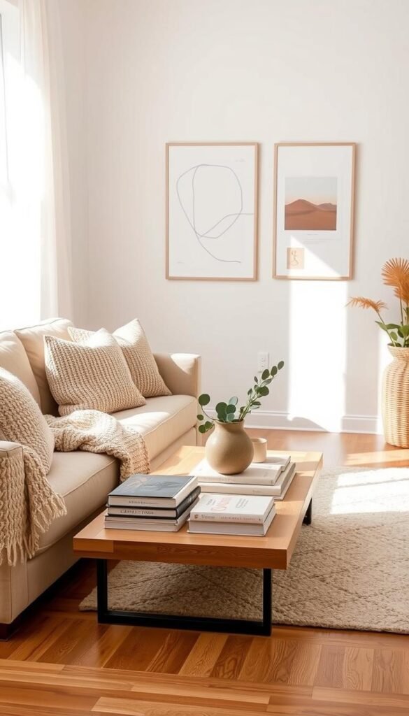 A tranquil, layered interior scene with a neutral color palette. In the foreground, a plush beige sofa accented with textured throw pillows and a cozy knitted blanket. Soft natural light filters through sheer curtains, casting a warm glow. In the middle ground, a low wooden coffee table topped with stacks of books, a sculptural ceramic vase, and a potted plant. The background features a minimalist gallery wall displaying abstract line art and earthy-toned photographs. Hardwood floors and whitewashed walls create a serene, clean-lined backdrop. Overall, the scene exudes a sense of understated sophistication and calming, lived-in elegance.