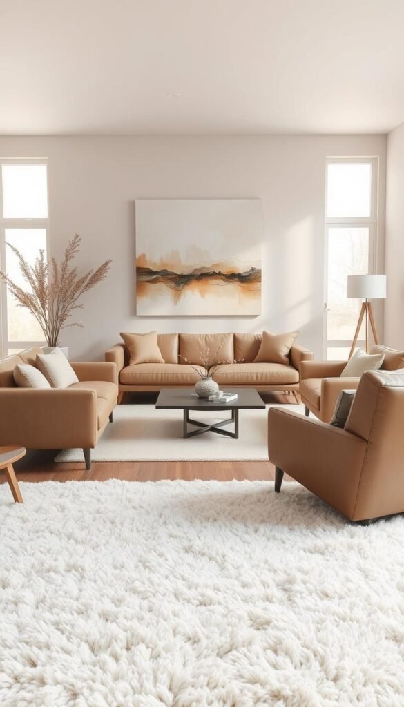 A tranquil, minimalist interior with a focus on neutral tones and natural textures. In the foreground, a plush, ivory-colored area rug anchors the scene, its soft, tactile surface inviting barefoot exploration. Surrounding it, an arrangement of neutral-hued furniture pieces - a low-profile sofa, an armchair, and a sleek coffee table - create a serene, harmonious composition. The middle ground features a wall adorned with a large, abstract canvas painting in earthy, neutral shades, complementing the overall aesthetic. Diffused natural light filters in through large windows, casting a warm, ambient glow and highlighting the subtle variations in the textures, from the smooth leather of the furniture to the matte, chalky finish of the walls. This tranquil scene emanates a sense of calm and refined sophistication, perfectly capturing the essence of a minimalist, neutral-toned interior design.