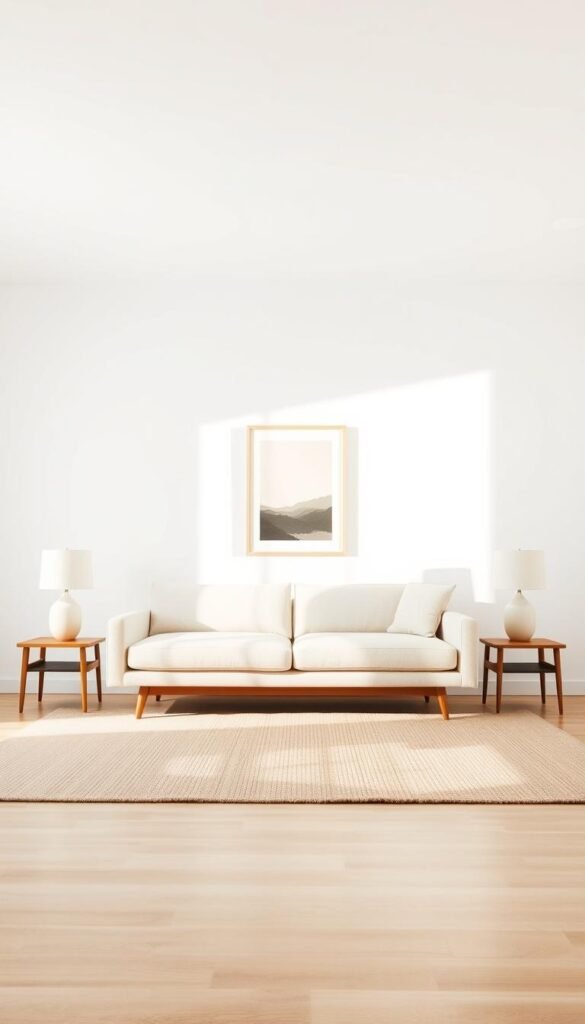 A tranquil, minimalist living room with a clean, Scandinavian aesthetic. In the foreground, a low-profile, mid-century inspired sofa in soft, neutral tones sits atop a plush, natural fiber rug. Flanking the sofa, two sleek, wooden side tables with simple, geometric lamps. In the middle ground, a large, floor-to-ceiling window allows natural light to filter in, casting a warm, diffused glow throughout the space. The background features bare, white walls, punctuated by a single, framed piece of abstract art. The overall atmosphere is one of serenity, order, and quiet contemplation.