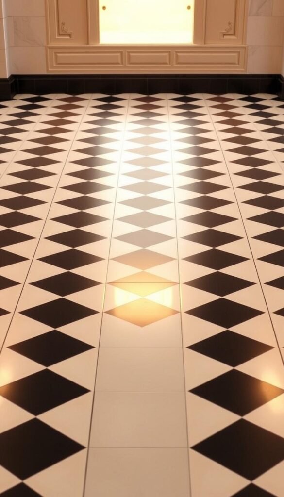 A vast expanse of sleek, high-contrast black and white checkerboard tiles stretches across the floor, creating a bold and timeless visual statement. The pattern is perfectly aligned, with crisp edges and a seamless flow that draws the eye inward. Warm, diffused lighting from above casts a soft, inviting glow, highlighting the glossy finish of the tiles and creating a sense of depth and dimension. The image conveys a classic, sophisticated ambiance, perfect for a stately interior design showcasing the enduring appeal of the iconic checkerboard motif.