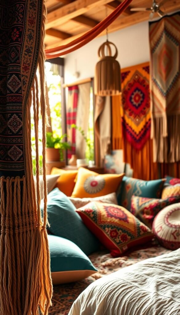 A vibrant and eclectic boho-inspired scene showcasing an array of captivating textiles beyond the bedroom. In the foreground, an ornate tapestry with intricate patterns and rich, earthy hues cascades elegantly, its fringes softly swaying. In the middle ground, a collection of bohemian cushions, throws, and wall hangings in a vibrant color palette of teal, mustard, and crimson create a layered, visually stimulating composition. The background features a subtle, sunlit atmosphere with hints of lush greenery peeking through, evoking a serene, nature-inspired ambiance. Warm, diffused lighting casts a gentle glow, accentuating the textural details and organic feel of the scene. Captured with a wide-angle lens to showcase the depth and breadth of the boho textiles on display.