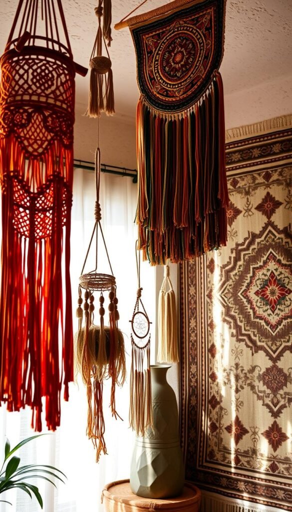 A vibrant and eclectic collection of boho tapestries adorns the walls of a cozy, sun-drenched room. In the foreground, intricate woven wall hangings in rich hues of rust, ochre, and emerald cascade from the ceiling, their intricate patterns and fringes casting captivating shadows on the textured plaster walls. In the middle ground, a mix of macramé plant hangers and dreamcatchers sway gently, adding layers of texture and movement. The background features a large, ornately patterned tapestry, its bold geometric designs and muted tones evoking a sense of timeless, bohemian elegance. Soft, natural lighting filters through sheer curtains, creating a warm, inviting atmosphere that celebrates the beauty of handcrafted, earthy textiles.