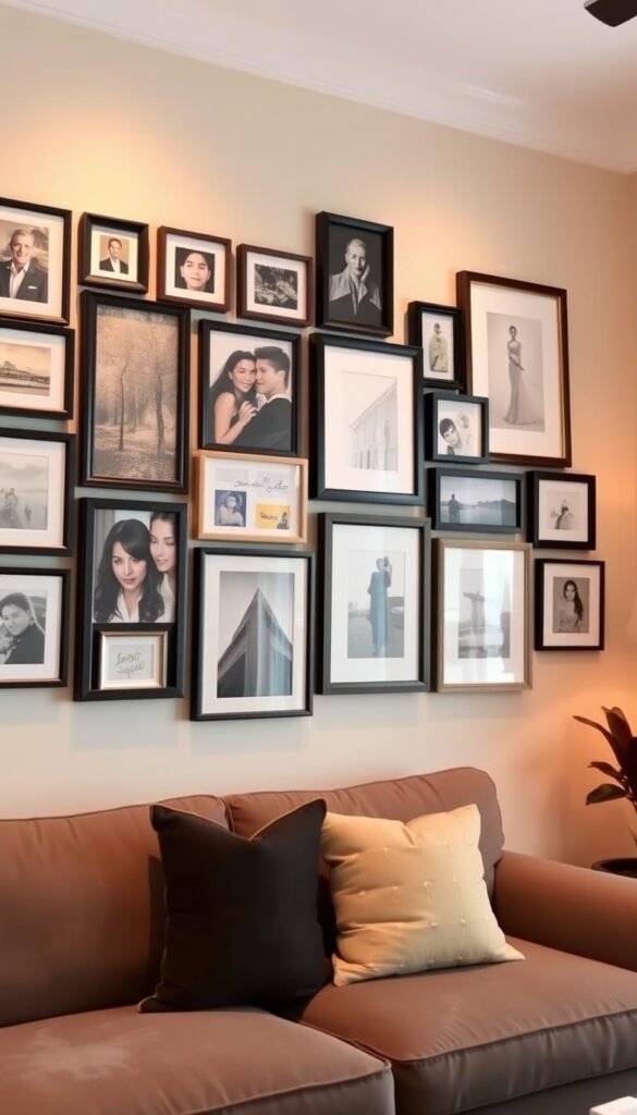 A vibrant and eclectic gallery wall, featuring a curated collection of framed artwork, photographs, and decorative pieces. The arrangement is carefully balanced, with a mix of sizes, shapes, and styles that create a visually striking focal point. The frames are a harmonious blend of modern and vintage, some in sleek black and white, others in rustic wood tones. Soft, warm lighting illuminates the display, casting a cozy, inviting glow. The wall is set against a backdrop of neutral-toned walls, allowing the artwork to take center stage. The overall effect is one of effortless sophistication, blending creativity and personal style to elevate the living space.