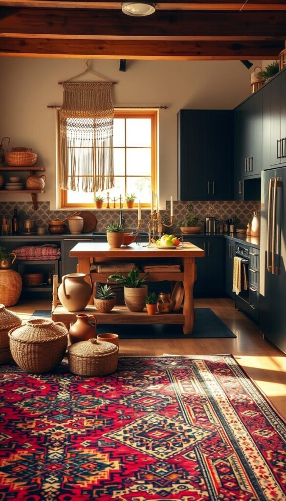 A vibrant and eclectic global boho kitchen, bathed in warm, natural lighting. In the foreground, an ornate area rug in rich jewel tones anchors the space, complemented by handwoven baskets, earthenware pottery, and a stunning macrame wall hanging. In the middle ground, a rustic wooden kitchen island serves as a gathering point, adorned with an array of colorful textiles, potted succulents, and a trio of brass candlesticks. The background features a tile backsplash in a Moroccan-inspired pattern, contrasting with sleek, matte black cabinetry. The overall mood is one of worldly charm, inviting exploration and a sense of cultural celebration.