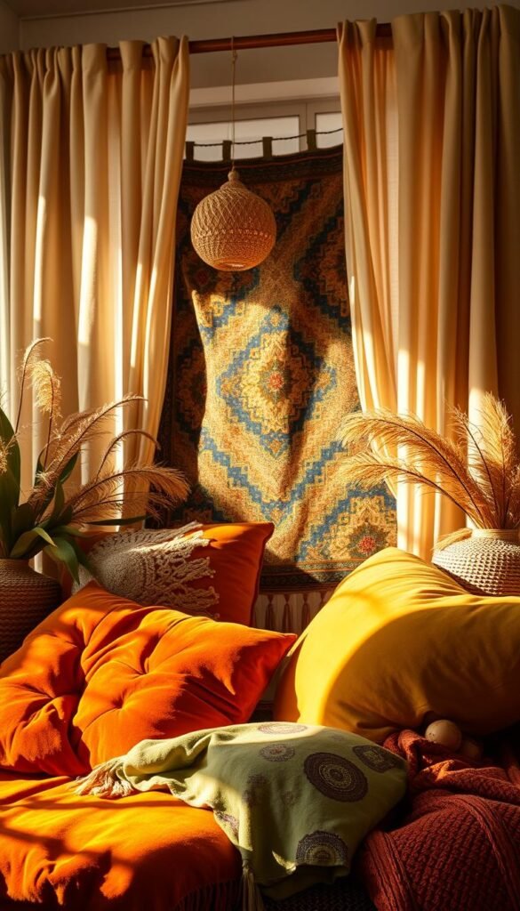 A vibrant and harmonious boho color palette, featuring a captivating blend of warm earthy tones and rich jewel-like hues. In the foreground, a sun-drenched arrangement of plush velvet textiles in shades of mustard, terracotta, and sage green, accented by woven macramé details. The middle ground showcases a tapestry in a tapestry, its intricate patterns dancing with hints of indigo, rust, and burnt sienna. In the background, a softly diffused natural light filters through sheer linen curtains, casting a dreamy, ambient glow and creating a cozy, inviting atmosphere. The overall composition evokes a sense of effortless elegance and a celebration of the earthy, bohemian aesthetic.