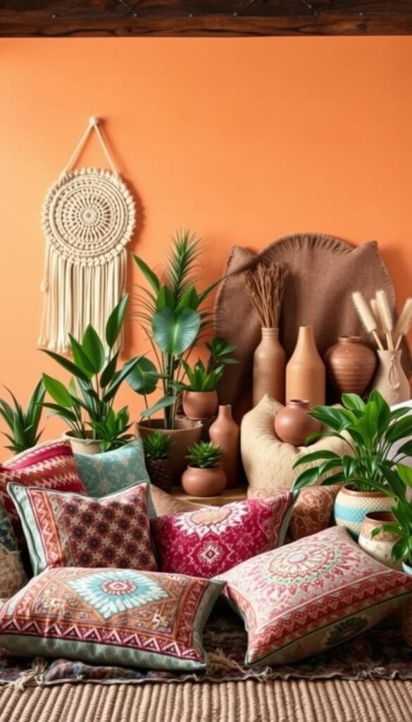 A vibrant and harmonious boho-inspired color palette, captured in a soft, diffused lighting. In the foreground, a lush assortment of textiles, including macrame wall hangings, patterned throw pillows, and a woven area rug. The middle ground features a mix of potted plants, earthenware vases, and wooden accents, creating a cozy, natural ambiance. In the background, warm, earthy tones blend seamlessly, with hints of terracotta, ochre, and sage green, evoking a serene, bohemian atmosphere. The overall composition exudes a sense of balance, comfort, and effortless style, perfect for inspiring boho-chic decor.