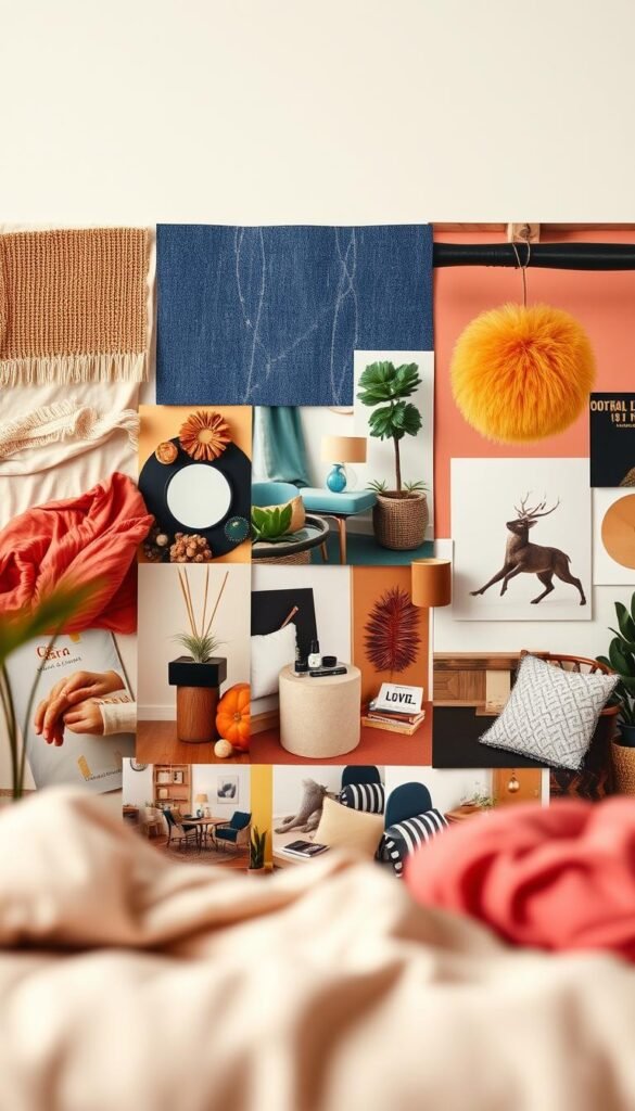 A vibrant, artfully composed mood board collage, capturing the essence of personalized room decor. The foreground features a curated selection of inspiring imagery - textured fabrics, rich colors, and captivating patterns. Carefully arranged in a visually striking layout, these design elements convey a sense of warmth, creativity, and individuality. The middle ground showcases various home accessories and furnishings, hinting at the possibilities for customizing a space. The background is a softly blurred, ethereal backdrop, allowing the mood board's central focus to shine. The overall composition is illuminated by a natural, diffused lighting that enhances the collage's tactile and emotive qualities, inspiring the viewer to envision their own personalized living space.