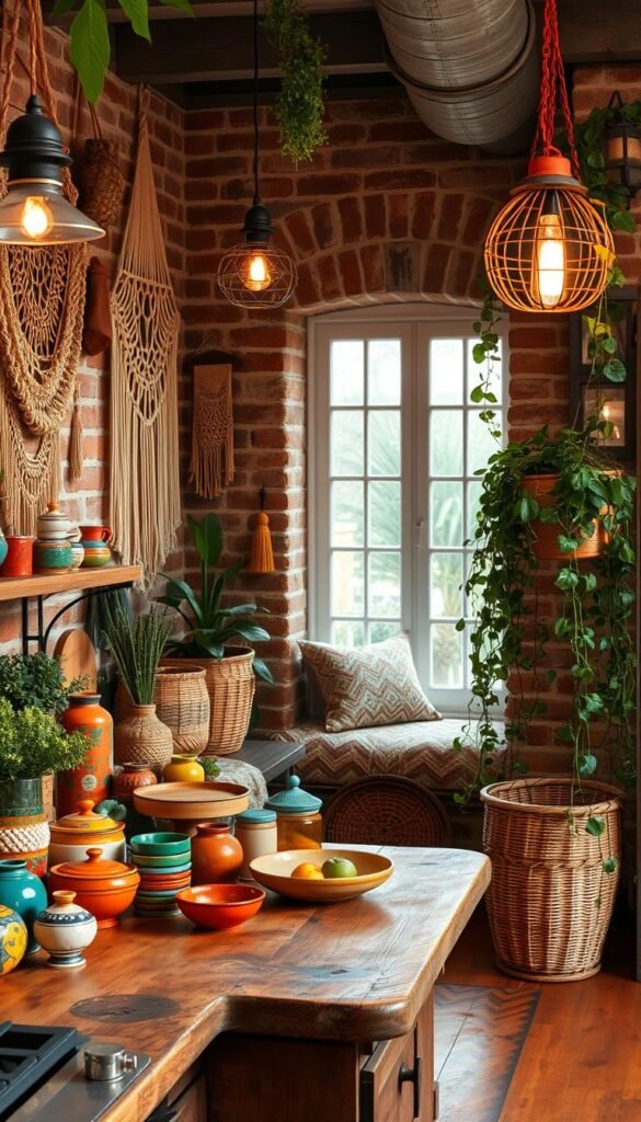 A vibrant bohemian kitchen filled with warm, earthy textures. The foreground showcases a rustic wooden countertop adorned with an assortment of colorful ceramics, woven baskets, and lush greenery. In the middle ground, exposed brick walls are complemented by intricate macrame wall hangings and vintage-inspired light fixtures that cast a soft, ambient glow. The background features a cozy, window-filled nook with a plush, patterned cushion and a wrought-iron plant stand overflowing with trailing vines. The overall scene emanates a sense of laid-back, eclectic charm, inviting the viewer to imagine themselves in this playful, inviting space.