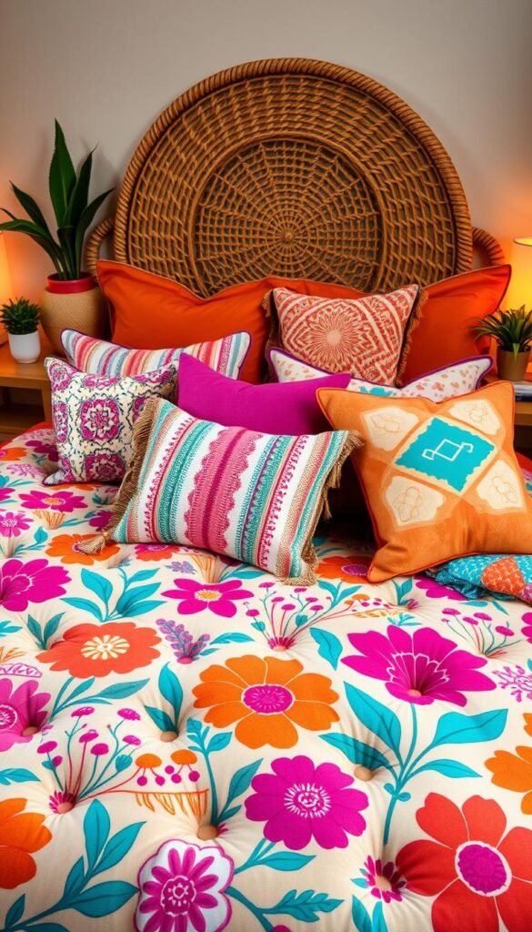A vibrant boho bedding set featuring a mix of bold, colorful patterns and textures. In the foreground, a plush, tufted comforter with a whimsical floral design in shades of fuchsia, orange, and turquoise. Interwoven between the flowers are accents of macrame, fringe, and embroidered details. In the middle ground, an eclectic assortment of throw pillows in varying shapes, sizes, and patterns - stripes, geometrics, and tie-dye effects in a harmonious color palette. The background showcases a natural, earthy woven headboard and side tables adorned with potted plants, woven baskets, and decorative beads. Warm, diffused lighting casts a cozy, bohemian glow throughout the scene. The overall aesthetic is one of vibrant, layered, and free-spirited elegance.