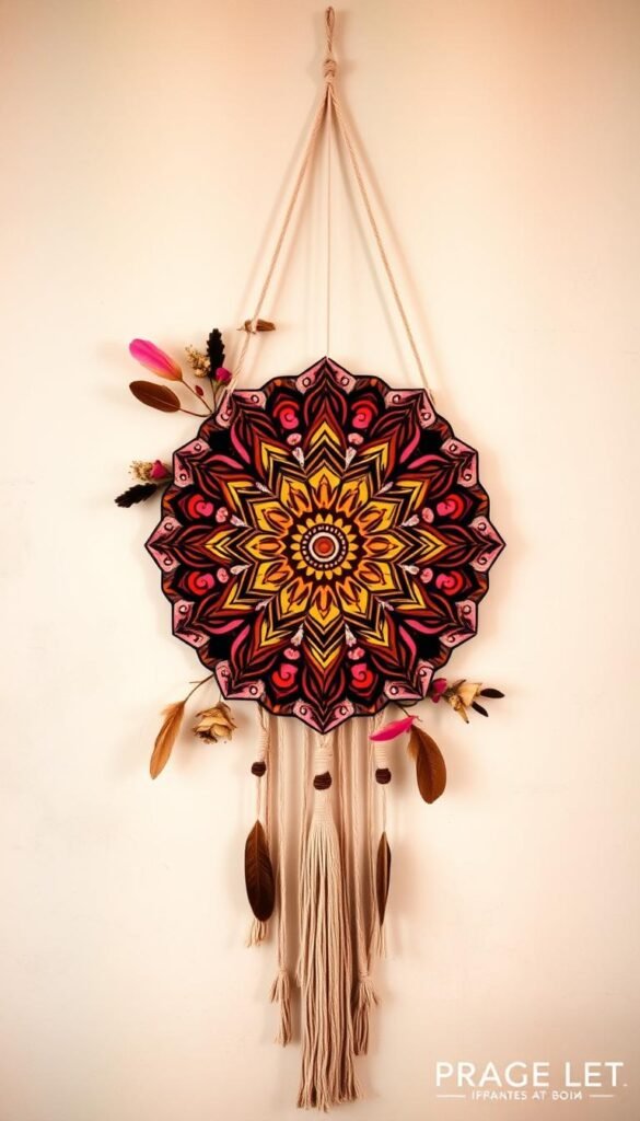 A vibrant, boho-inspired mandala wall art piece, captured in a warm, diffused light. The foreground features an intricate, hand-painted mandala design with swirling patterns and organic shapes in a harmonious color palette of earthy tones, soft pinks, and touches of gold. The middle ground showcases the mandala surrounded by a mix of natural elements, such as dried flowers, feathers, and hanging macrame details, creating a rustic, spiritual atmosphere. The background is a neutral, textured wall, allowing the mandala to take center stage and radiate a sense of tranquility and meditation.